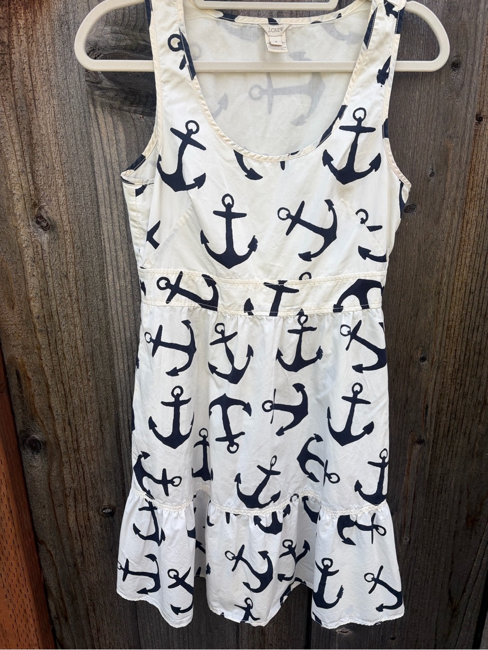 ⁠J.Crew Dizzy Anchor Ruffle Tiered Cotton Sundress Size 4 Navy White⁠